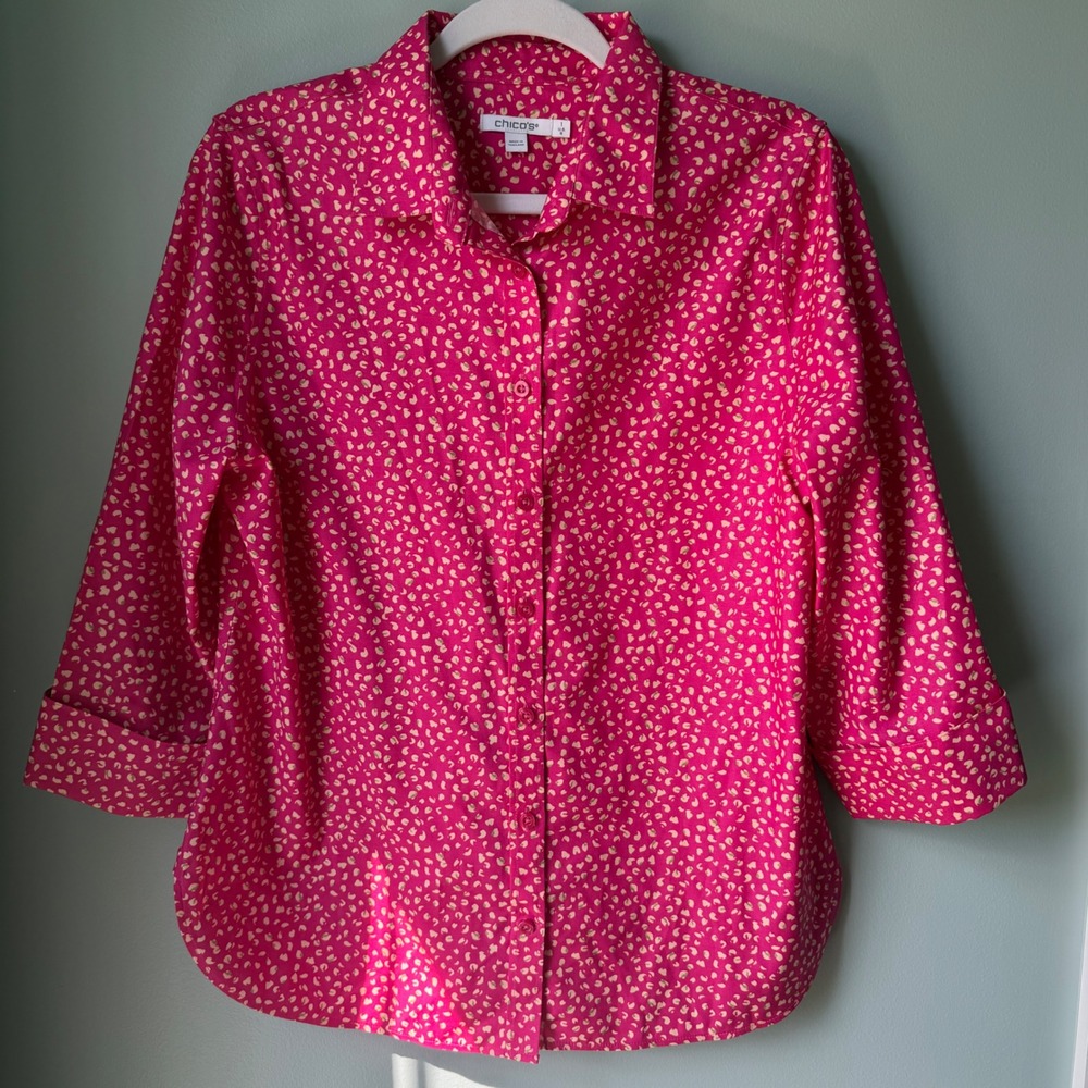 Chico's Fushia Pink Abstract Floral Print Button Down Shirt‎ Cotton Size 1 (8)